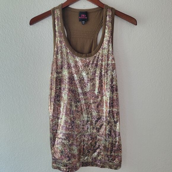 2B Bebe Tops - 2B Bebe Vintage Y2k Green and Brown Sequin Camo Tank Size M Going Out Top